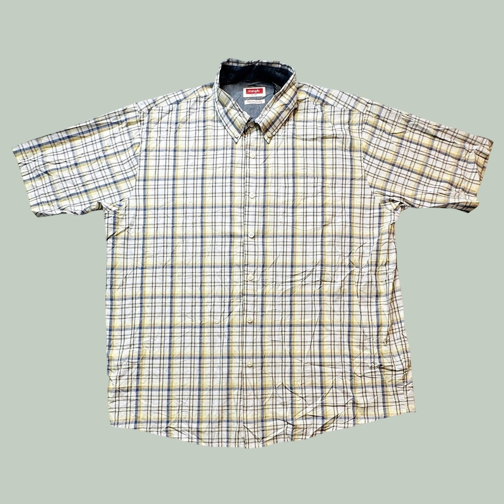 Wrangler Shirt Mens XL Tan Blue Plaid Button Down Short Sleeve Premium Quality